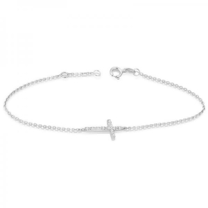Diamond Accented Sideways Cross Bracelet in 14k White Gold 0.10cts - All