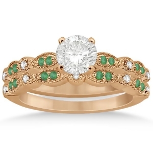 Petite Emerald and Diamond Marquise Bridal Set 18k Rose Gold 0.41ct - All