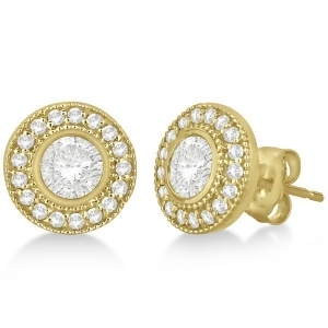 Vintage Style Diamond Halo Earrings Bezel Studs 14k Yellow Gold 1.31ct - All