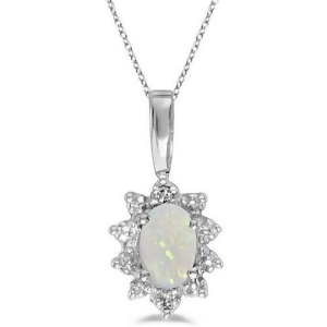 Oval Opal and Diamond Flower Shaped Pendant Necklace 14k White Gold - All