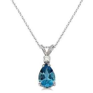 Pear Blue Topaz and Diamond Solitaire Pendant Necklace 14k White Gold - All