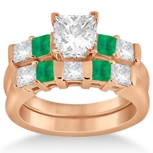 5 Stone Diamond and Green Emerald Bridal Ring Set 14K Rose Gold 1.02ct - All
