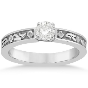 Hand-carved Flower Design Solitaire Engagement Ring in Palladium - All
