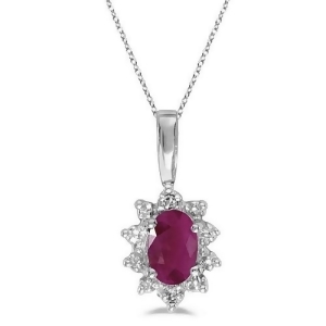 Oval Ruby and Diamond Flower Shaped Pendant Necklace 14k White Gold - All