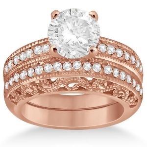 Vintage Filigree Diamond Bridal Ring Set 14K Rose Gold 0.64ct - All