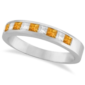 Princess Channel-Set Diamond and Citrine Ring Band 14K White Gold - All