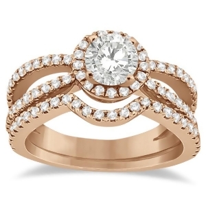 Diamond Halo Split Shank Engagement Bridal Set 18k Rose Gold 0.67ct - All
