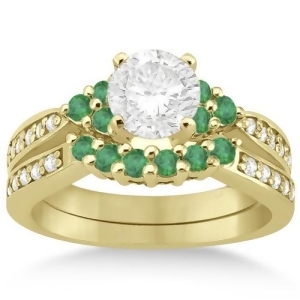 Floral Diamond and Emerald Engagement Ring and Band 14k Yellow Gold 0.56ct - All