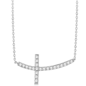 Diamond Sideways Curved Cross Pendant Necklace 14k White Gold 0.75 ct - All