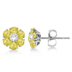 Yellow and White Diamond Flower Cluster Earrings 14K W Gold 1.20ct - All