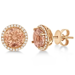 Round Morganite and Diamond Halo Stud Earrings 14k Rose Gold 2.66ct - All