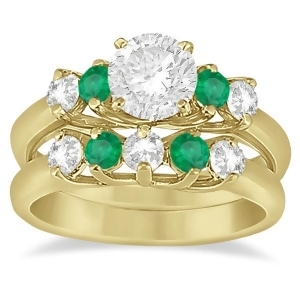 Five Stone Diamond and Emerald Bridal Ring Set 14k Yellow Gold 0.98ct - All