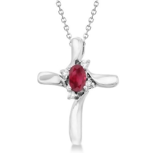 Ruby and Diamond Cross Necklace Pendant 14k White Gold - All