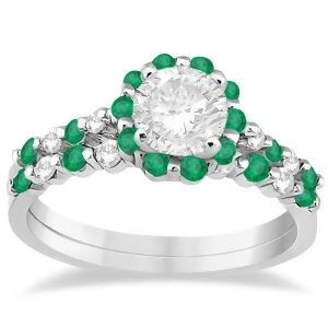 Diamond and Emerald Engagement Ring Bridal Set 14K White Gold 0.94ct - All