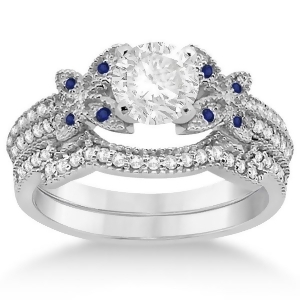 Butterfly Diamond and Blue Sapphire Bridal Set 18k White Gold 0.39ct - All