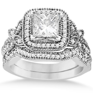 Butterfly Square Halo Design Diamond Bridal Set Platinum 0.51ct - All