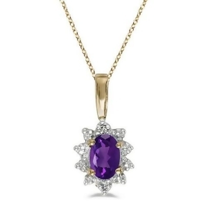 Oval Amethyst and Diamond Flower Shaped Pendant Necklace 14k Yellow Gold - All