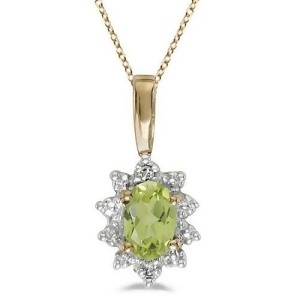 Oval Peridot and Diamond Flower Shaped Pendant Necklace 14k Yellow Gold - All