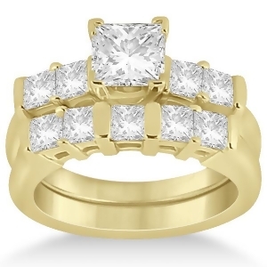 Five Stone Princess Cut Diamond Bridal Set 18k Yellow Gold 0.90ct - All