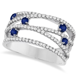 Blue Sapphire and Diamond Bypass Wide Ring 14k White Gold 0.90ctw - All