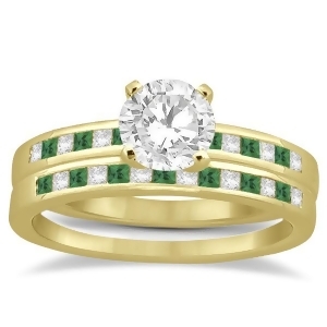 Princess Cut Diamond and Emerald Bridal Ring Set 14k Yellow Gold 0.54ct - All