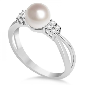 Diamond Accented Akoya Cultured Pearl Ring 14K White Gold 6.5-7mm - All