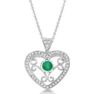 Emerald Filigree Heart Pendant Necklace in 14K White Gold 0.34ct - All