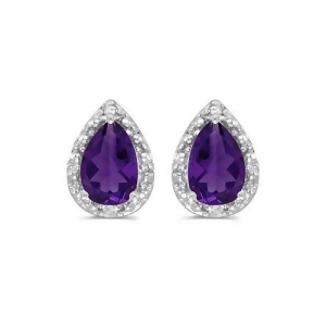 Pear Amethyst and Diamond Stud Earrings 14k White Gold 1.30ct - All