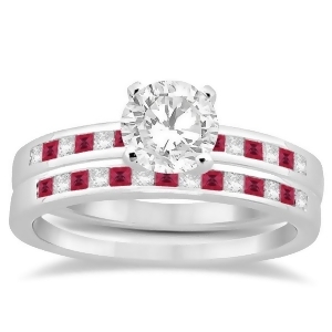 Princess Cut Diamond and Ruby Bridal Ring Set Palladium 0.54ct - All