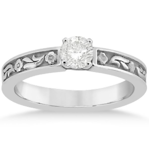 Hand-carved Flower Design Solitaire Engagement Ring in 14k White Gold - All