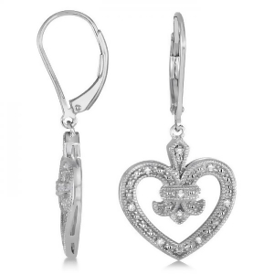Diamond Fleur De Lis in Heart Earrings Sterling Silver 0.10ctw - All
