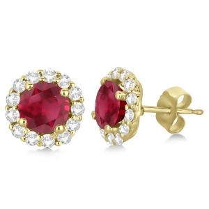 Halo Diamond Accented and Ruby Earrings 14K Yellow Gold 2.95ct - All