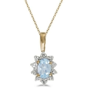 Aquamarine and Diamond Flower Shaped Pendant Necklace 14k Yellow Gold - All