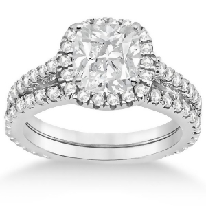 Halo Cushion Diamond Engagement Ring Bridal Set 18k White Gold 1.07ct - All