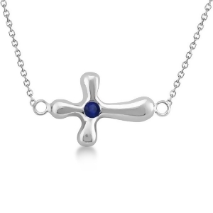 Rounded Sideways Blue Sapphire Cross Pendant 14k White Gold 0.08ct - All