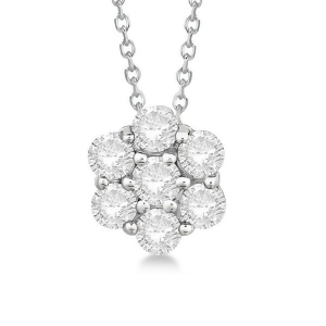 Cluster Diamond Flower Pendant Necklace 14K White Gold 0.50ct - All