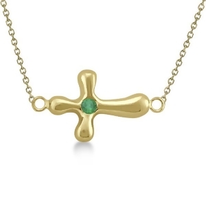 Rounded Sideways Emerald Cross Pendant Necklace 14k Yellow Gold .06ct - All