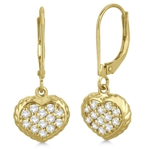 Lever Back Pave Diamond Heart Earrings 14K Yellow Gold 0.50ct - All