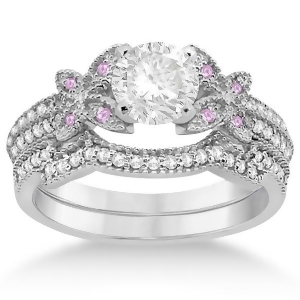 Butterfly Diamond and Pink Sapphire Bridal Set 14K White Gold 0.39ct - All