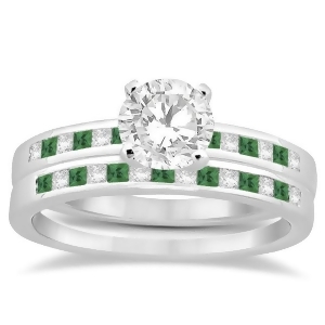 Princess Cut Diamond and Emerald Bridal Ring Set 18k White Gold 0.54ct - All