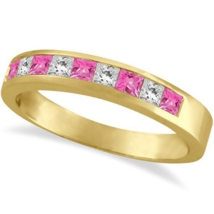 Princess Channel-Set Diamond and Pink Sapphire Ring Band 14k Yellow Gold - All