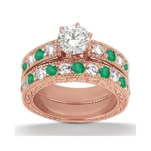 Antique Diamond and Emerald Bridal Set 14k Rose Gold 1.75ct - All