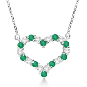 Open Heart Diamond and Emerald Pendant Necklace 14k White Gold 1.10ct - All