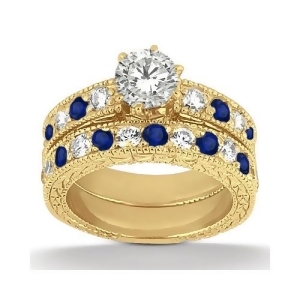 Antique Diamond and Blue Sapphire Bridal Set 18k Yellow Gold 1.80ct - All