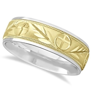 Men's Christian Leaf and Cross Wedding Band 14k Two Tone Gold 7mm - All