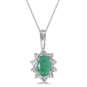 Oval Emerald and Diamond Flower Shaped Pendant Necklace 14k White Gold - All