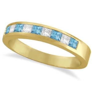 Princess Channel-Set Diamond and Aquamarine Ring Band 14K Yellow Gold - All