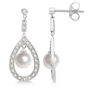 Freshwater Cultured Pearl and Diamond Teardrop Earrings 14K White Gold - All