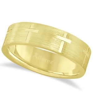 Carved Wedding Band With Crosses in 14k Yellow Gold 7mm - All