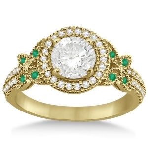 Halo Diamond and Emerald Butterfly Engagement Ring 18k Yellow Gold 0.35ct - All